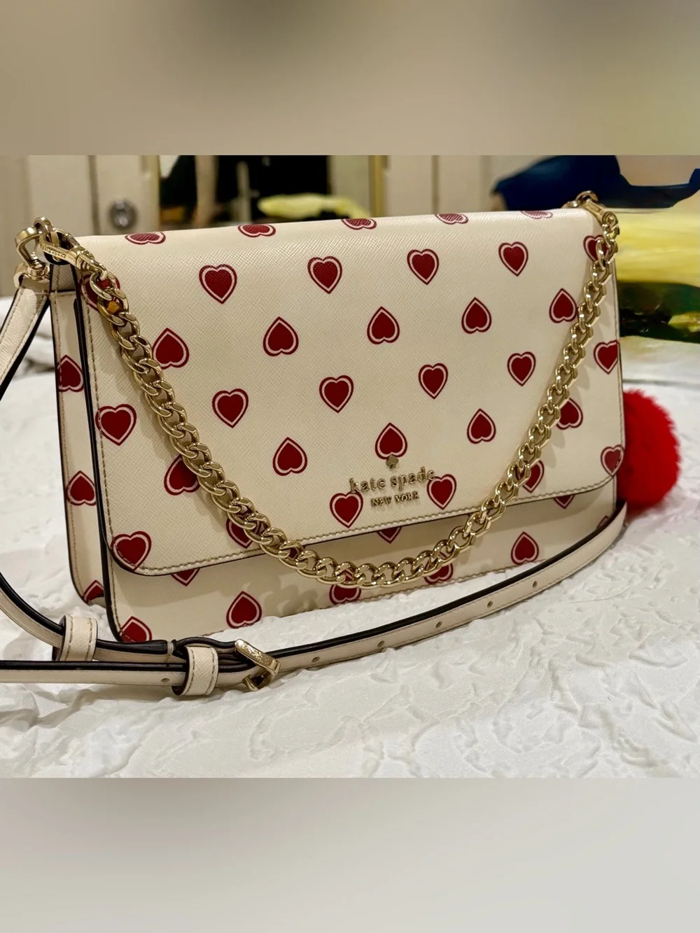Kate Spade Madison Heart Print Flap Shoulder/Crossbody Bag w/ Cherry Keychain